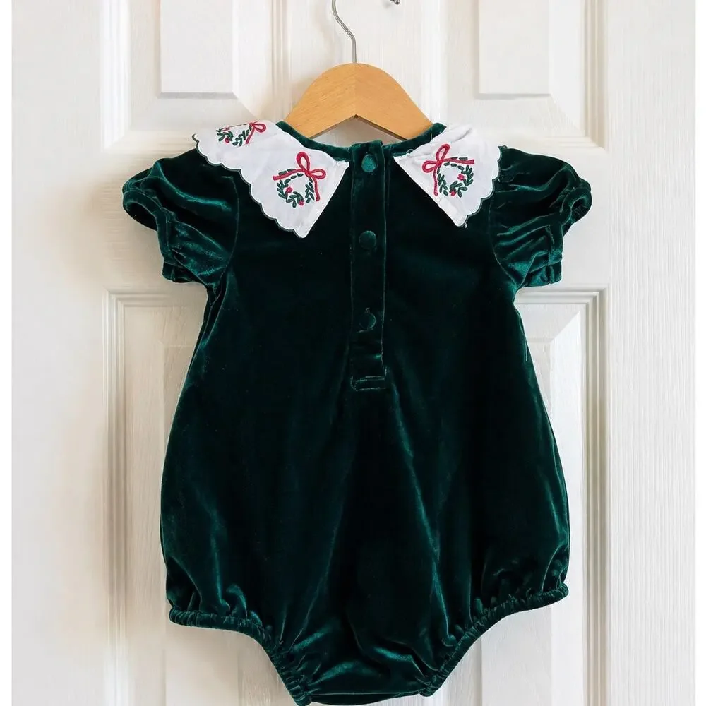 Southern Smocked Company Baby Girls Emerald Green Velvet Christmas Romper 9M NWT